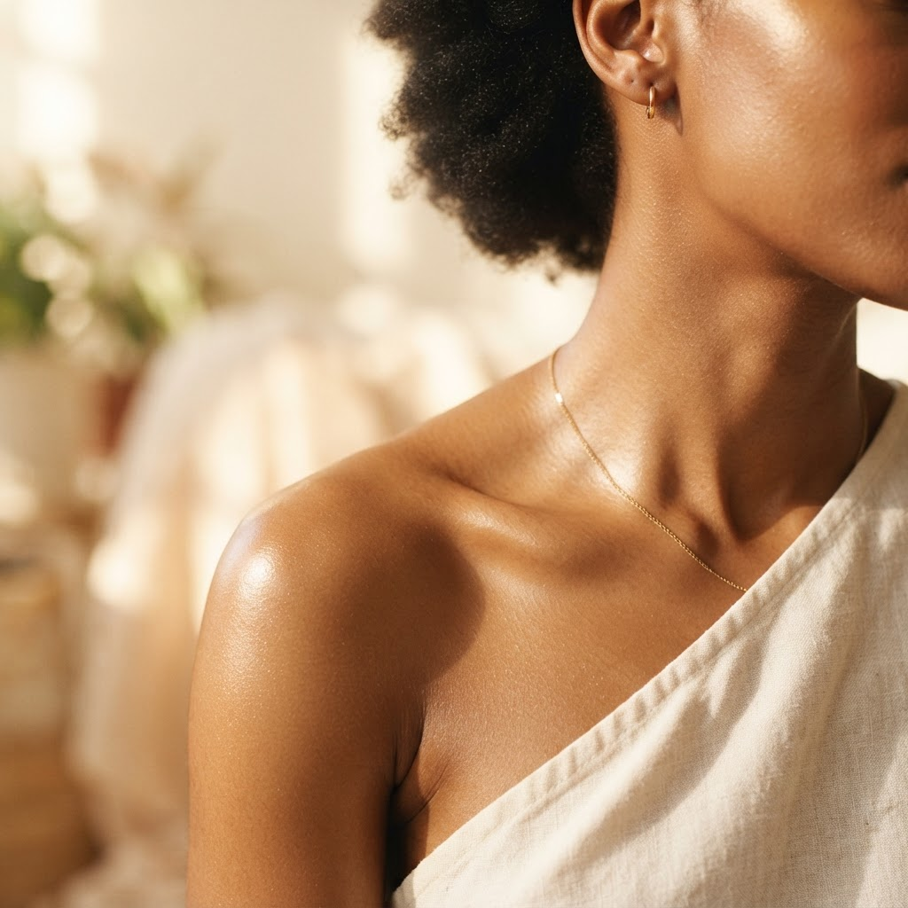 Close-up of radiant glowing skin nourished with IMARA body oil