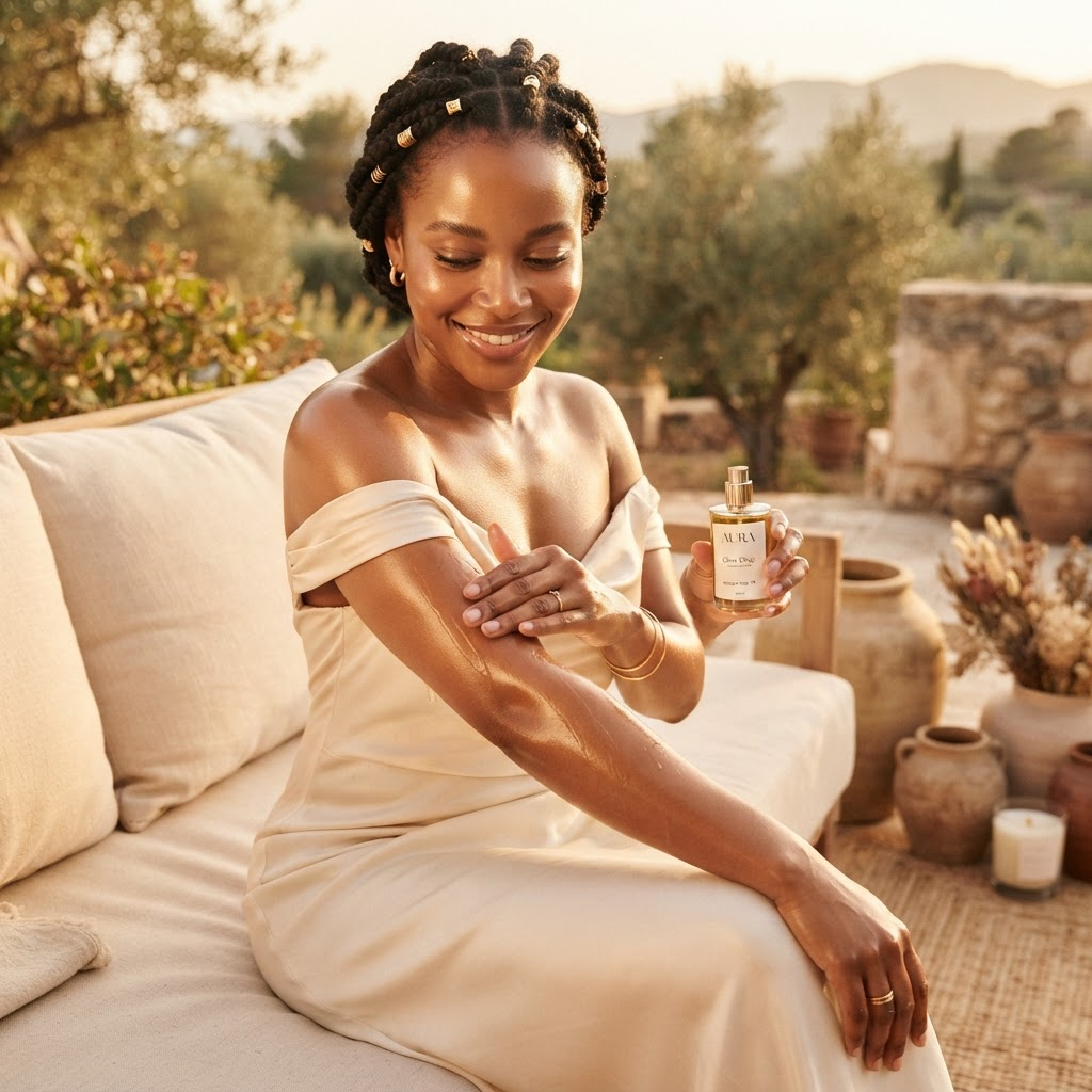 African woman with radiant glowing skin applying IMARA body oil